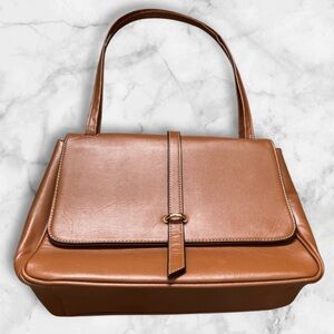 FREE ✅Elegant Tan Satchel with Smooth Vegan Leather and Flap Closure